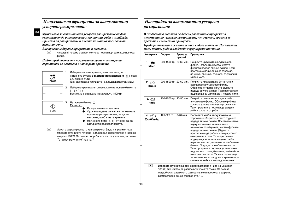 Samsung GE89MST/BAL, GE89MST/BOL manual Настройки за автоматично ускорено размразяване, Хляб/кейк 