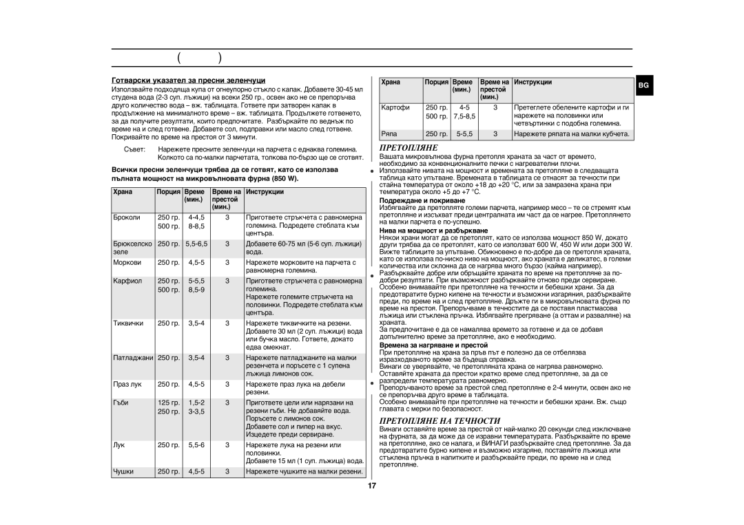 Samsung GE89MST/BOL, GE89MST/BAL manual Претопляне НА Течности, Готварски указател за пресни зеленчуци 