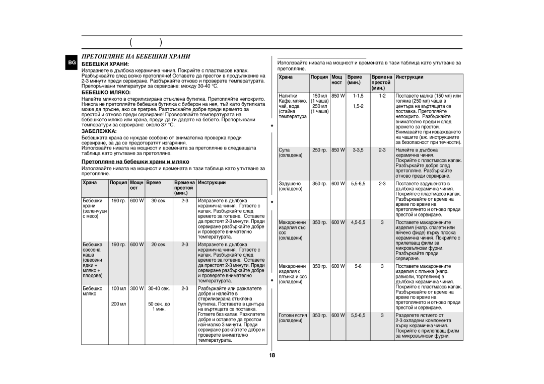 Samsung GE89MST/BAL manual Претопляне НА Бебешки Храни, Бебешко Мляко, Забележка, Претопляне на бебешки храни и мляко 