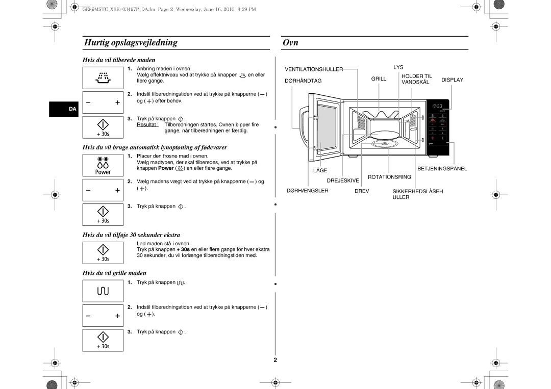 Samsung GE89MSTC/XEE manual Hurtig opslagsvejledning, Ovn 