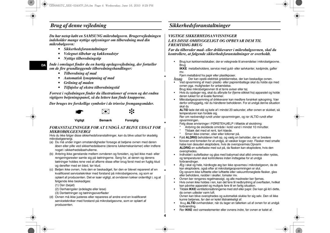 Samsung GE89MSTC/XEE manual Brug af denne vejledning Sikkerhedsforanstaltninger, Vigtigt Bemærk Forsigtig 