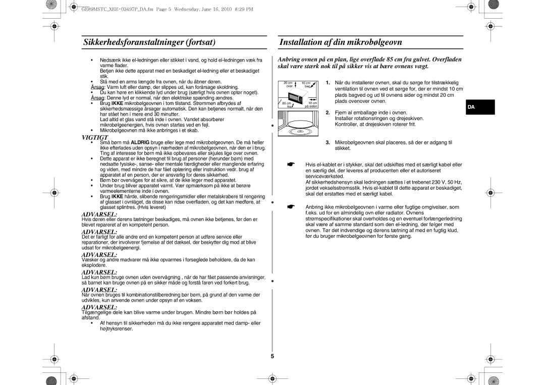 Samsung GE89MSTC/XEE manual Vigtigt 