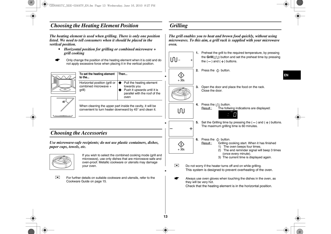 Samsung GE89MSTC/XEE manual Choosing the Heating Element Position Grilling, Choosing the Accessories 