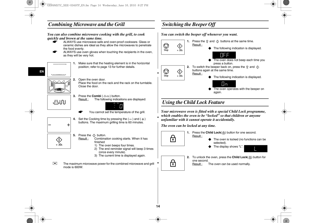 Samsung GE89MSTC/XEE manual Combining Microwave and the Grill Switching the Beeper Off, Using the Child Lock Feature 