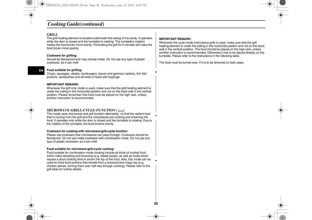 Samsung GE89MSTC/XEE manual Microwave-Grill-Cycle-Function, Important Remark 