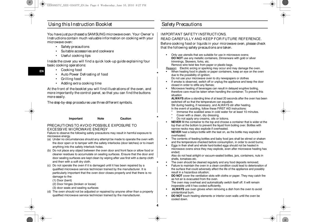 Samsung GE89MSTC/XEE manual Using this Instruction Booklet Safety Precautions, Important Note Caution 