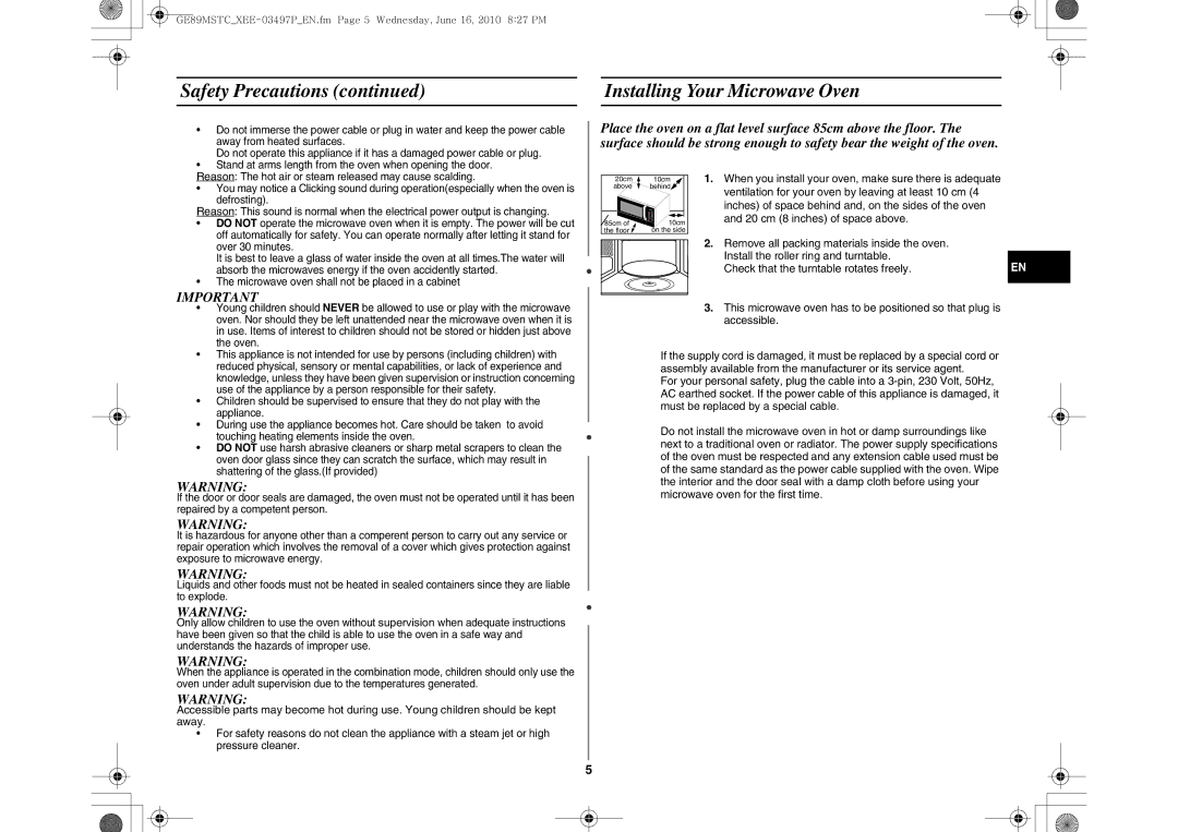 Samsung GE89MSTC/XEE manual Safety Precautions Installing Your Microwave Oven 