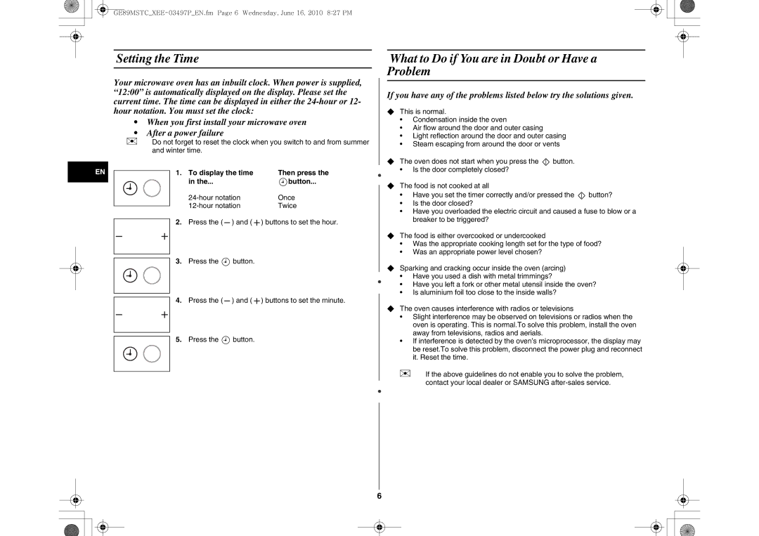 Samsung GE89MSTC/XEE manual Setting the Time, What to Do if You are in Doubt or Have a Problem, Then press, Button 