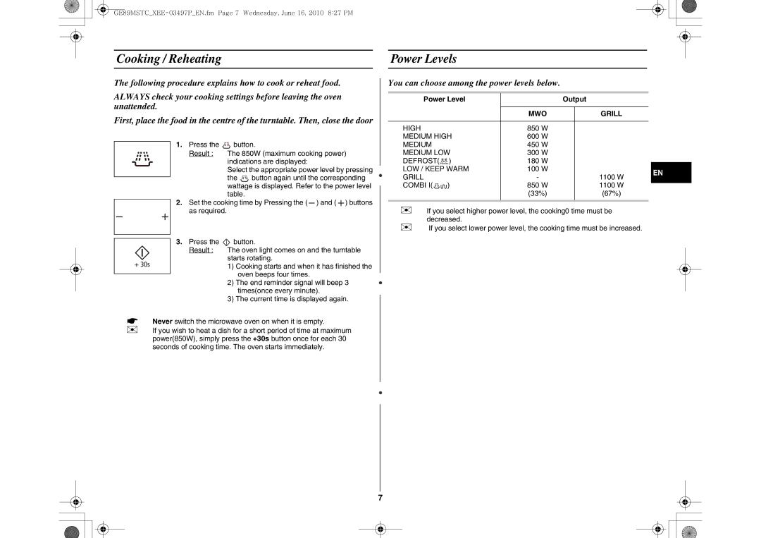 Samsung GE89MSTC/XEE Cooking / Reheating Power Levels, You can choose among the power levels below, Power Level Output 