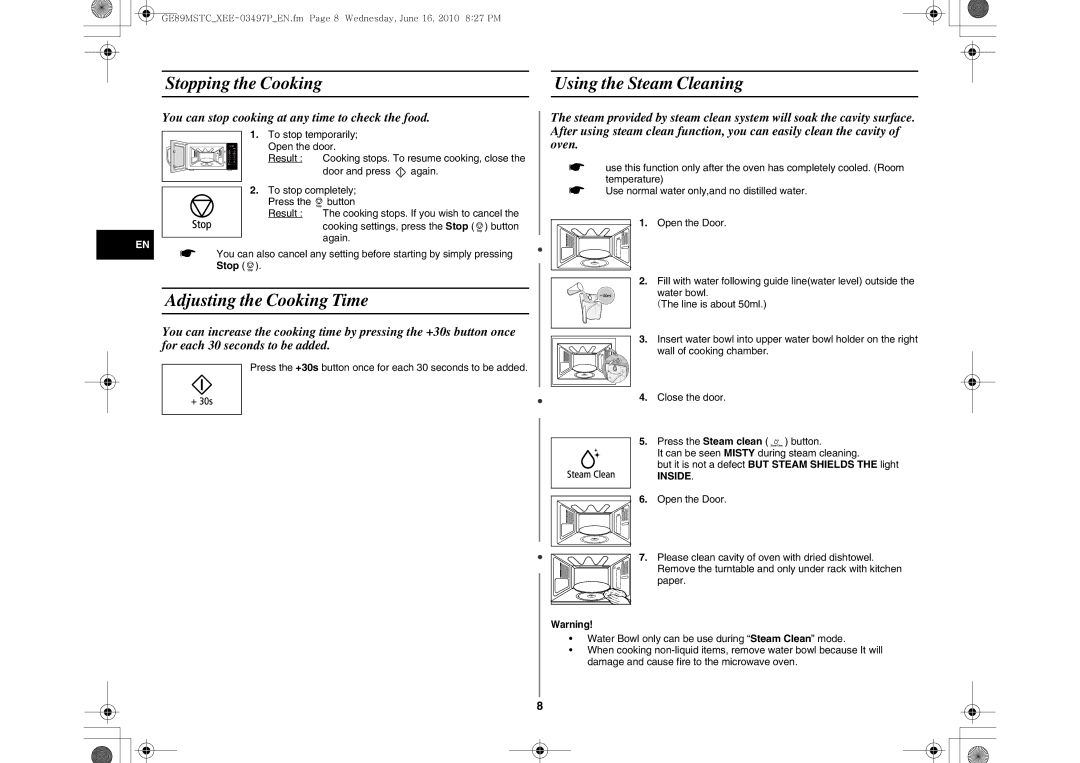 Samsung GE89MSTC/XEE manual Stopping the Cooking Using the Steam Cleaning, Adjusting the Cooking Time, Inside 