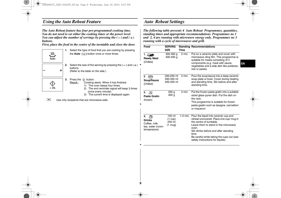 Samsung GE89MSTC/XEE manual Using the Auto Reheat Feature Auto Reheat Settings 