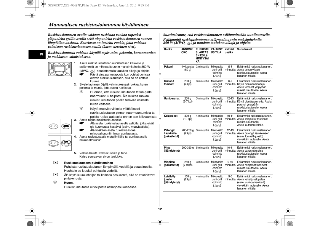 Samsung GE89MSTC/XEE manual Manuaalisen ruskistustoiminnon käyttäminen, Mmitysai 