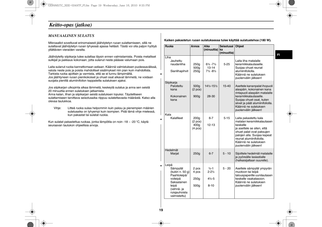 Samsung GE89MSTC/XEE manual Manuaalinen Sulatus 