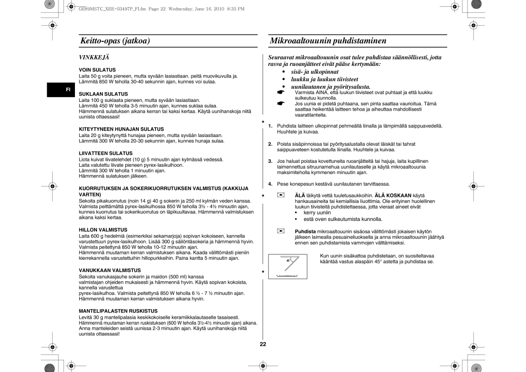 Samsung GE89MSTC/XEE manual Keitto-opas jatkoa Mikroaaltouunin puhdistaminen, Vinkkejä 