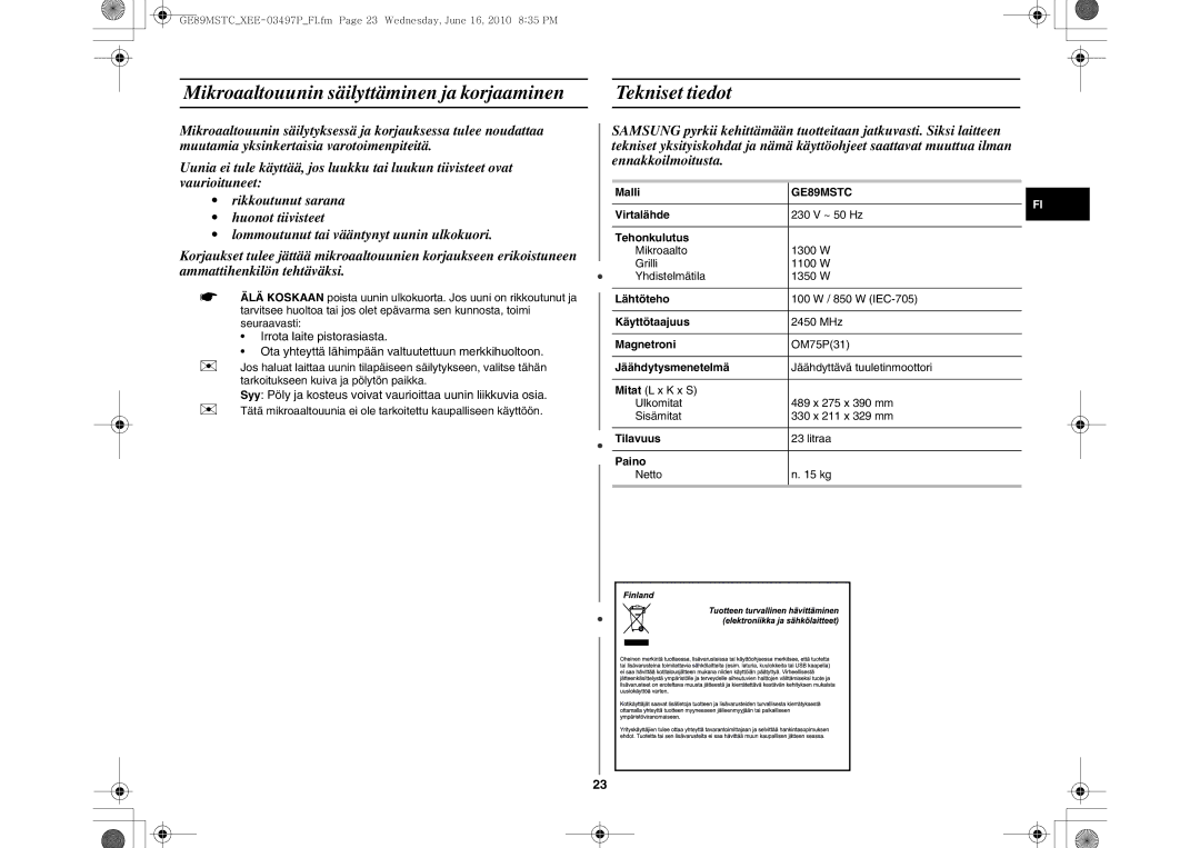 Samsung GE89MSTC/XEE manual Tekniset tiedot 