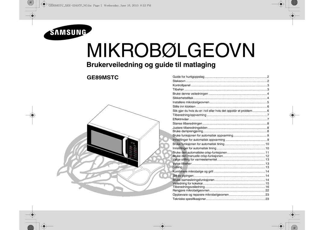 Samsung GE89MSTC/XEE manual Mikrobølgeovn 