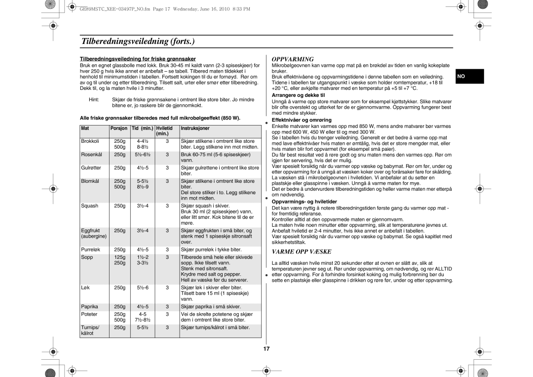 Samsung GE89MSTC/XEE manual Tilberedningsveiledning forts, Oppvarming, Varme OPP Væske 