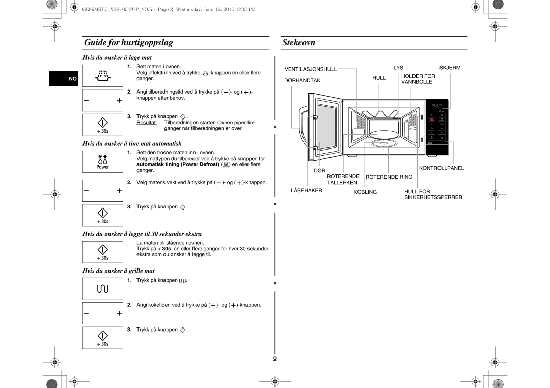 Samsung GE89MSTC/XEE manual Guide for hurtigoppslag, Stekeovn 