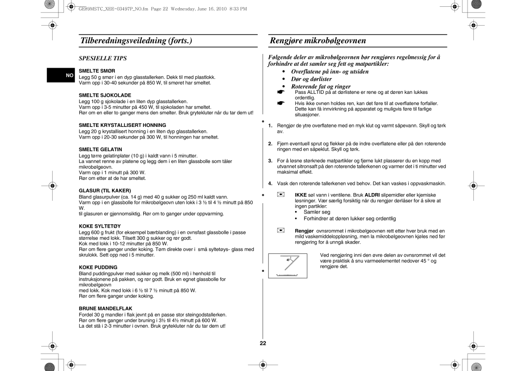 Samsung GE89MSTC/XEE manual Tilberedningsveiledning forts Rengjøre mikrobølgeovnen, Spesielle Tips 