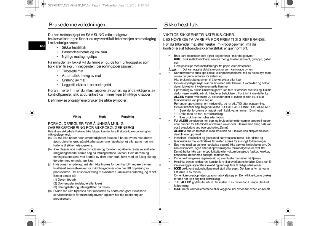 Samsung GE89MSTC/XEE manual Bruke denne veiledningen, Sikkerhetstiltak 