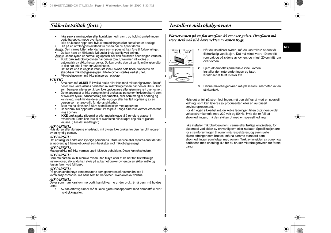 Samsung GE89MSTC/XEE manual Sikkerhetstiltak forts Installere mikrobølgeovnen, Viktig 