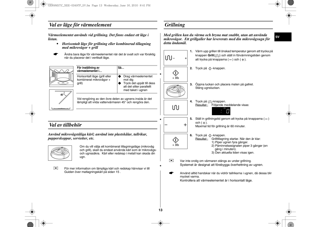 Samsung GE89MSTC/XEE manual Val av läge för värmeelement Grillning, Val av tillbehör 