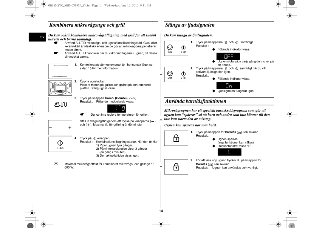 Samsung GE89MSTC/XEE manual Kombinera mikrovågsugn och grill Stänga av ljudsignalen, Använda barnlåsfunktionen 