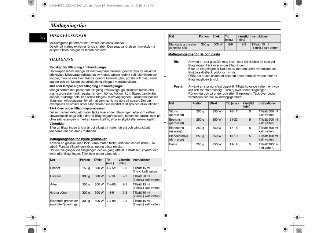 Samsung GE89MSTC/XEE manual Matlagningstips, Mikrovågsugnar, Tillagning 