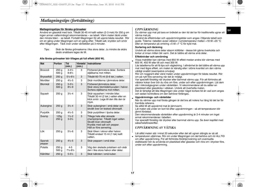 Samsung GE89MSTC/XEE manual Matlagningstips fortsättning, Uppvärmning AV Vätska 