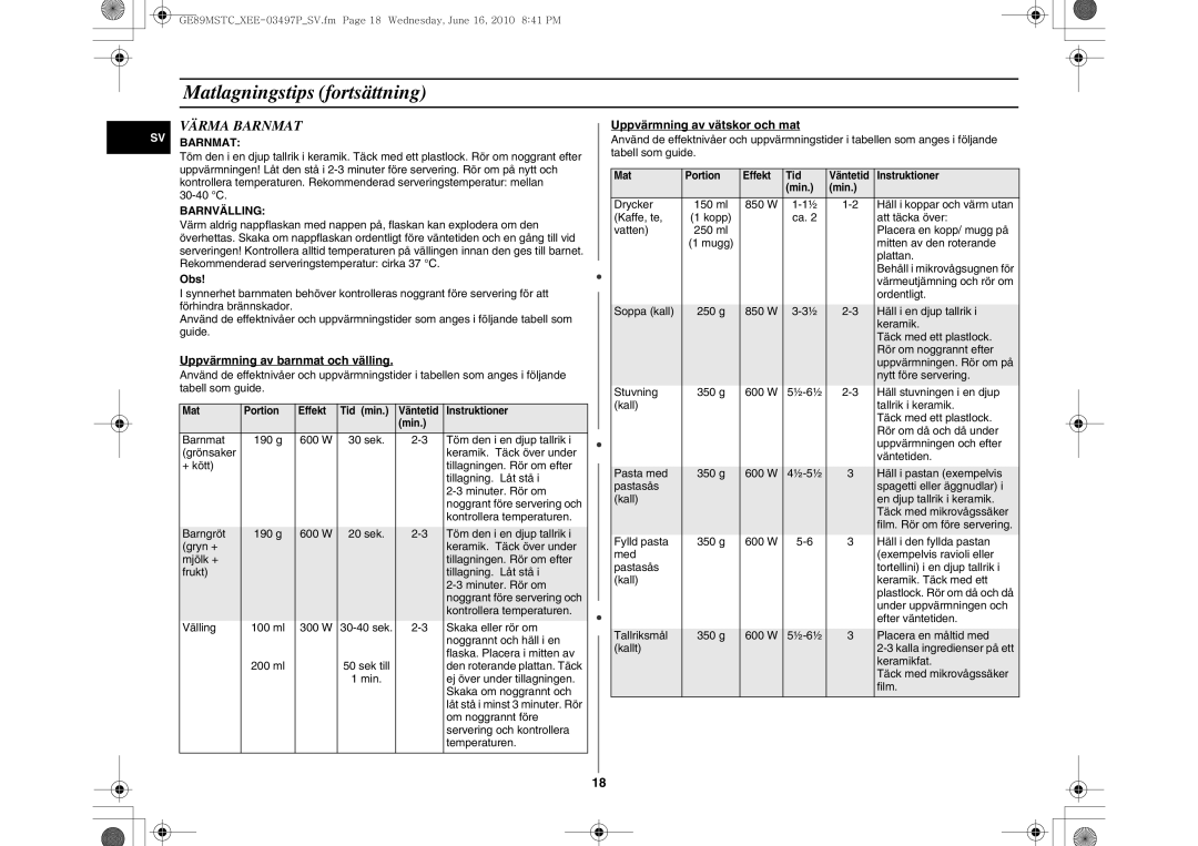 Samsung GE89MSTC/XEE manual Värma Barnmat, Barnvälling, Uppvärmning av barnmat och välling, Uppvärmning av vätskor och mat 