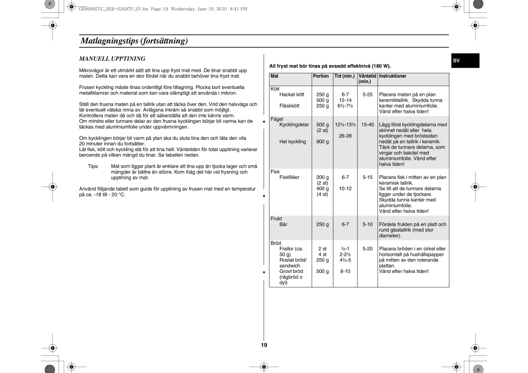 Samsung GE89MSTC/XEE manual Manuell Upptining, All fryst mat bör tinas på avsedd effektnivå 180 W 