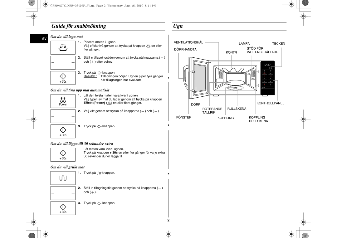 Samsung GE89MSTC/XEE manual Ugn, Om du vill laga mat, Om du vill tina upp mat automatiskt, Om du vill grilla mat 