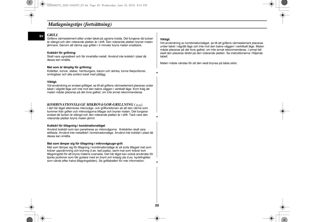Samsung GE89MSTC/XEE manual Grill, KOMBINATIONSLä GE MIKROVå GOR-GRILLNING 