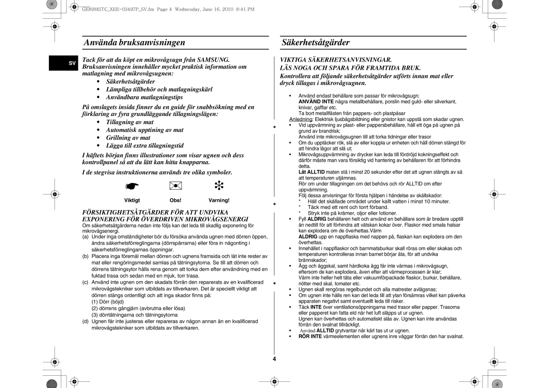 Samsung GE89MSTC/XEE manual Använda bruksanvisningen, Säkerhetsåtgärder, Viktigt Obs 