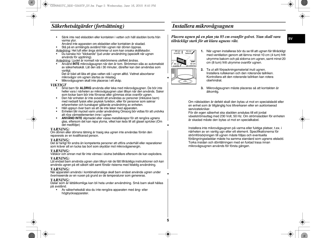 Samsung GE89MSTC/XEE manual Säkerhetsåtgärder fortsättning Installera mikrovågsugnen, Viktigt, Varning 