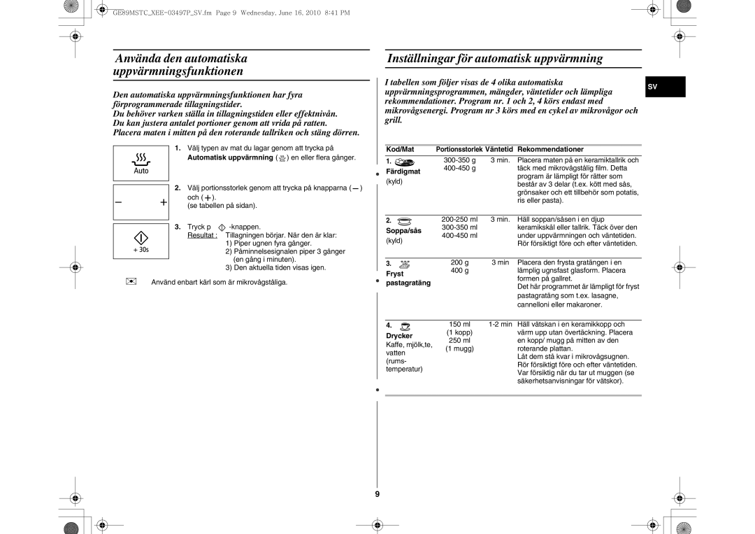 Samsung GE89MSTC/XEE manual Inställningar för automatisk uppvärmning 