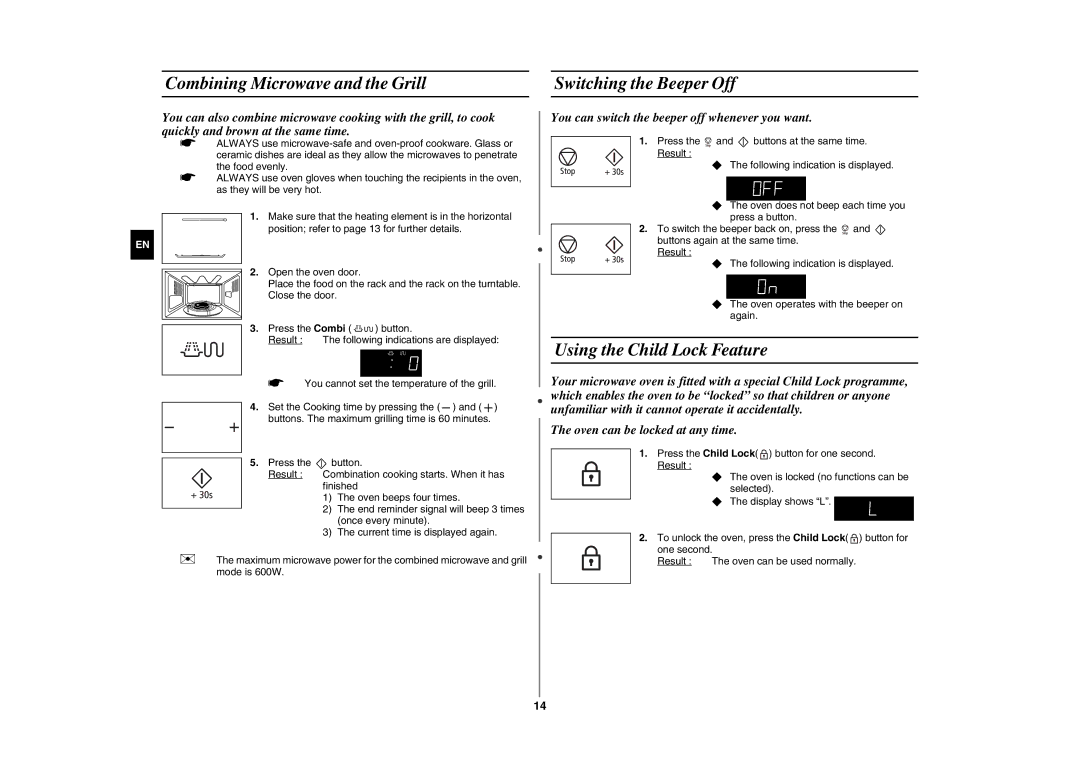 Samsung GE89MSTC/XEE manual Combining Microwave and the Grill Switching the Beeper Off, Using the Child Lock Feature 