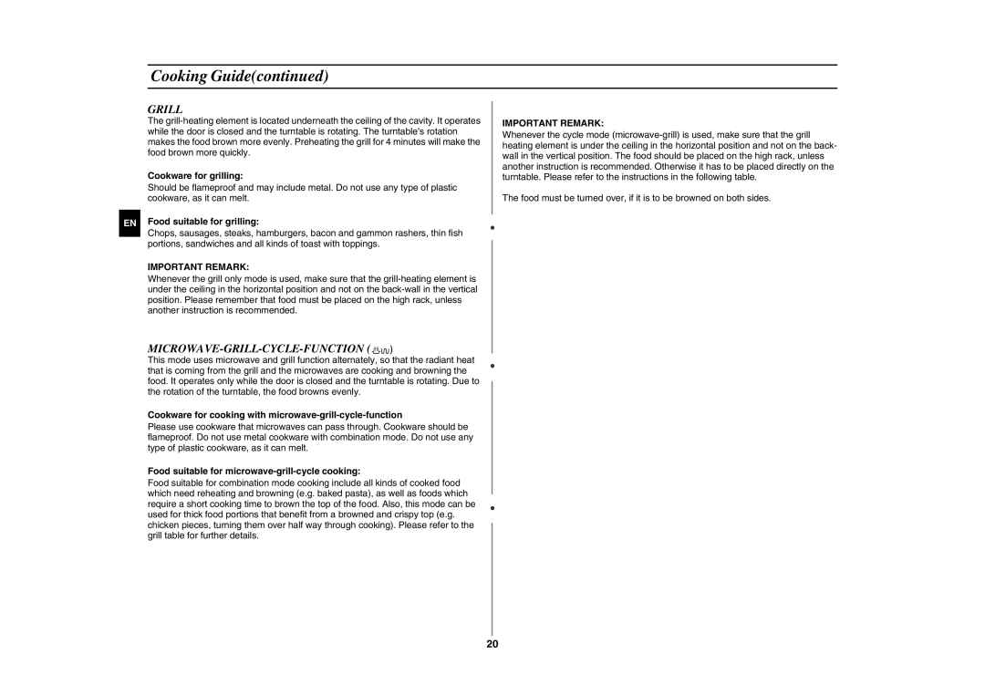 Samsung GE89MSTC/XEE manual Microwave-Grill-Cycle-Function, Important Remark 