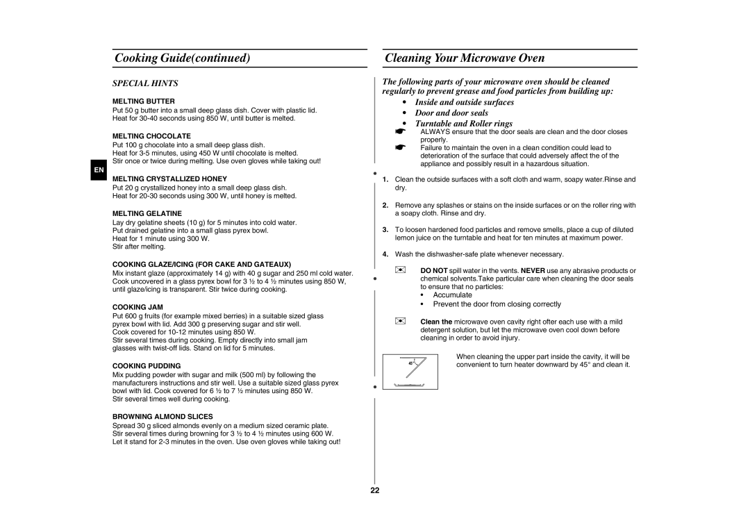 Samsung GE89MSTC/XEE manual Cleaning Your Microwave Oven, Special Hints 