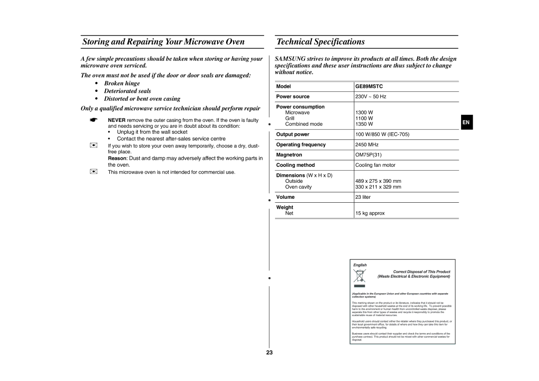 Samsung GE89MSTC/XEE manual Storing and Repairing Your Microwave Oven, Technical Specifications 