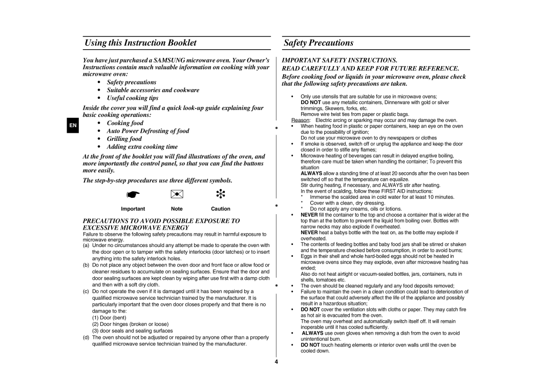 Samsung GE89MSTC/XEE manual Using this Instruction Booklet, Safety Precautions, Important Note Caution 