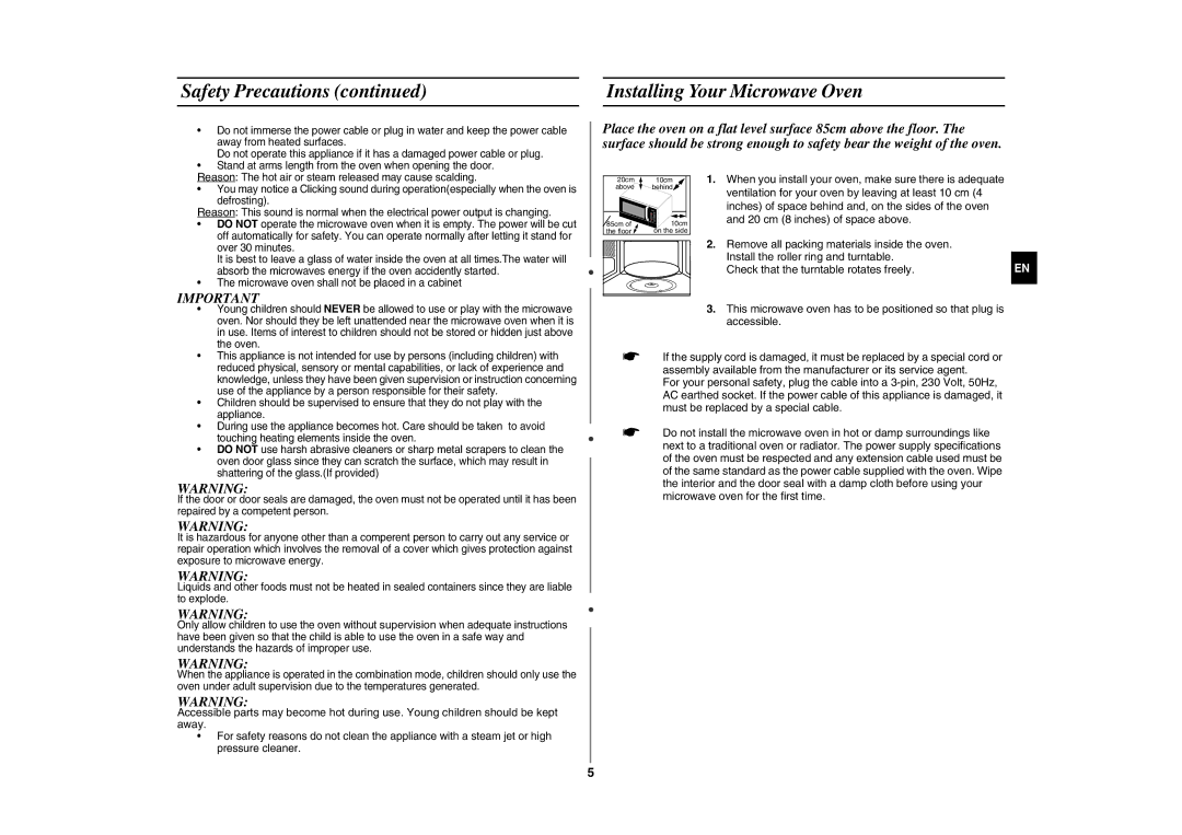 Samsung GE89MSTC/XEE manual Installing Your Microwave Oven 