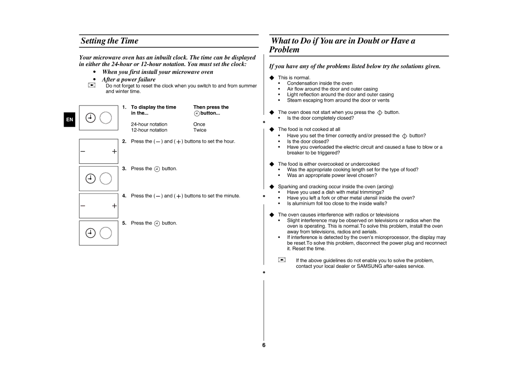 Samsung GE89MSTC/XEE manual Setting the Time, What to Do if You are in Doubt or Have a Problem, Then press, Button 