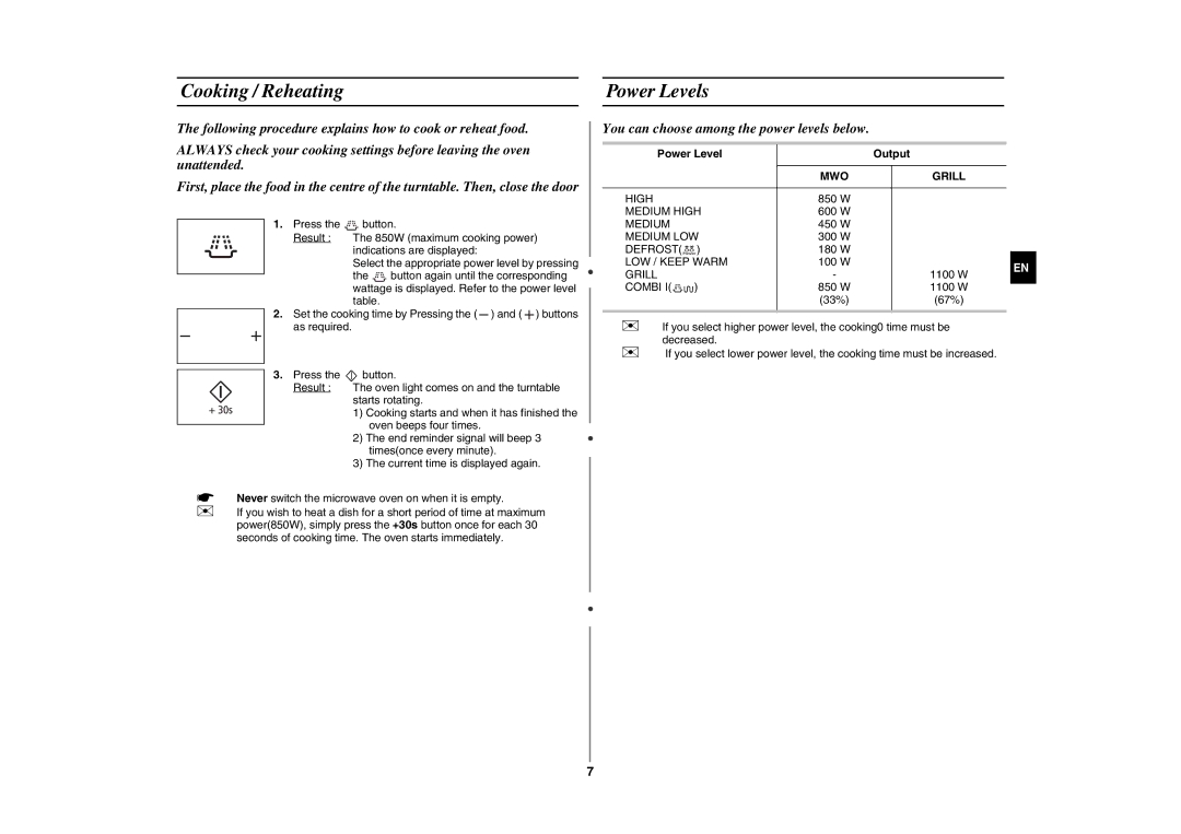 Samsung GE89MSTC/XEE Cooking / Reheating Power Levels, You can choose among the power levels below, Power Level Output 