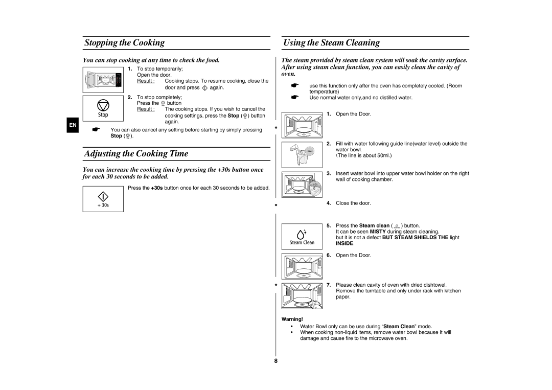 Samsung GE89MSTC/XEE manual Stopping the Cooking Using the Steam Cleaning, Adjusting the Cooking Time, Inside 