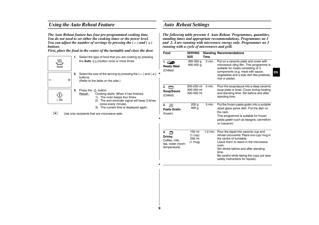 Samsung GE89MSTC/XEE manual Using the Auto Reheat Feature Auto Reheat Settings 