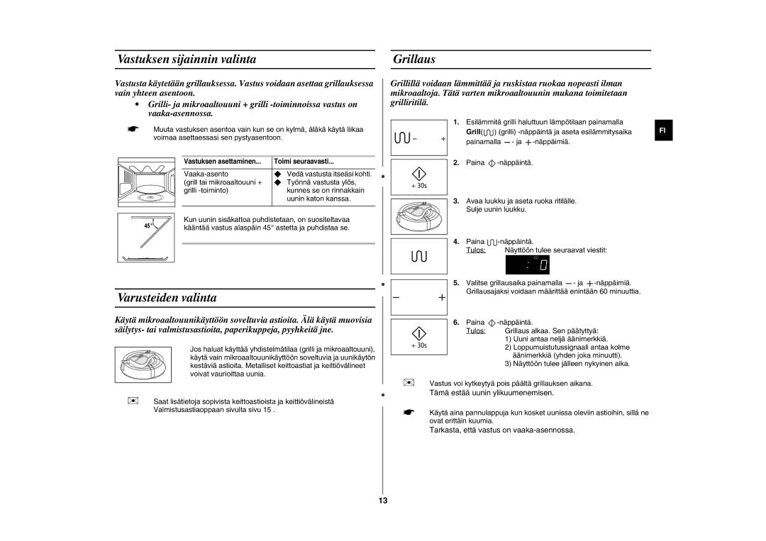 Samsung GE89MSTC/XEE manual Vastuksen sijainnin valinta Grillaus, Varusteiden valinta 