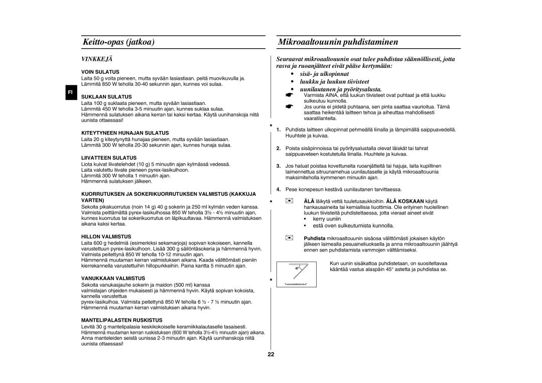 Samsung GE89MSTC/XEE manual Keitto-opas jatkoa Mikroaaltouunin puhdistaminen, Vinkkejä 