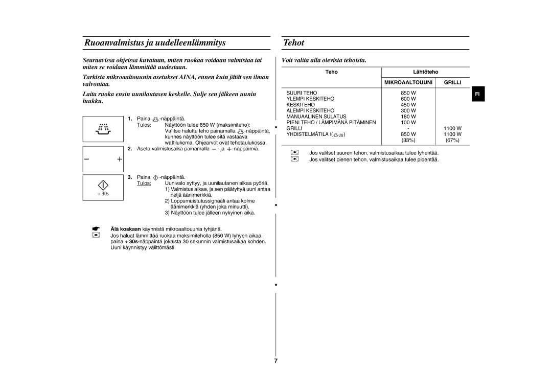 Samsung GE89MSTC/XEE manual Ruoanvalmistus ja uudelleenlämmitys Tehot, Teho Lähtöteho, Mikroaaltouuni Grilli 