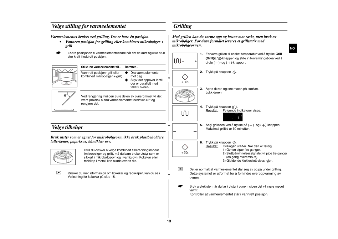 Samsung GE89MSTC/XEE manual Velge stilling for varmeelementet, Velge tilbehør, Grilling 